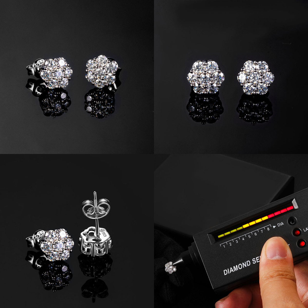 HIPHOPJEW Moissanite Cluster Flower Stud Earrings in S925 Sterling Silver.