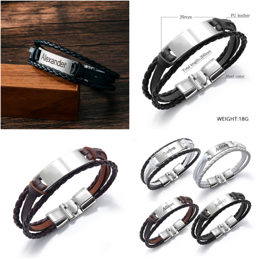 HIPHOPJEW Men's Personalized Engraved Bracelet in Braid Leather and Steel.