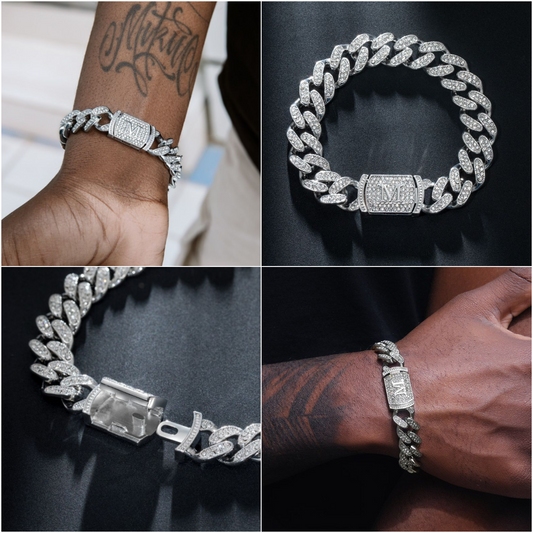 HIPHOPJEW 12mm 8" Initial Letter Iced Miami Cuban Bracelet in White Gold