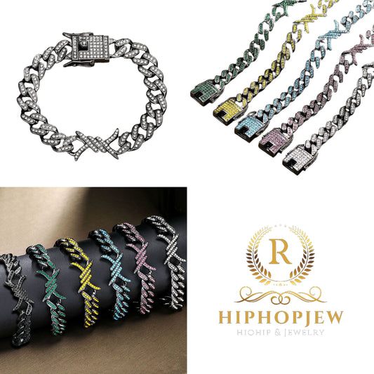 HIPHOPJEW 10mm Iced Cuban Barb Wire Bracelet-Emerald/Black/Blue/Yellow/Purple/White