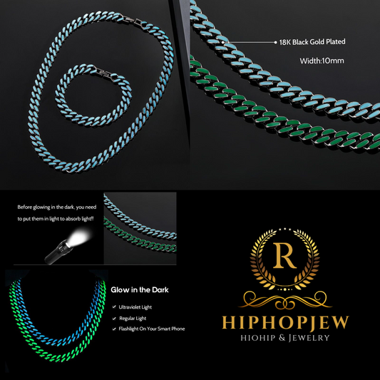 HIPHOPJEW Glow in the Dark Green/Blue Enamel Miami Cuban Chain and Bracelet Setcelet