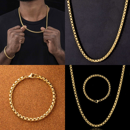 HIPHOPJEW 5mm Round Box Chain Set in Gold