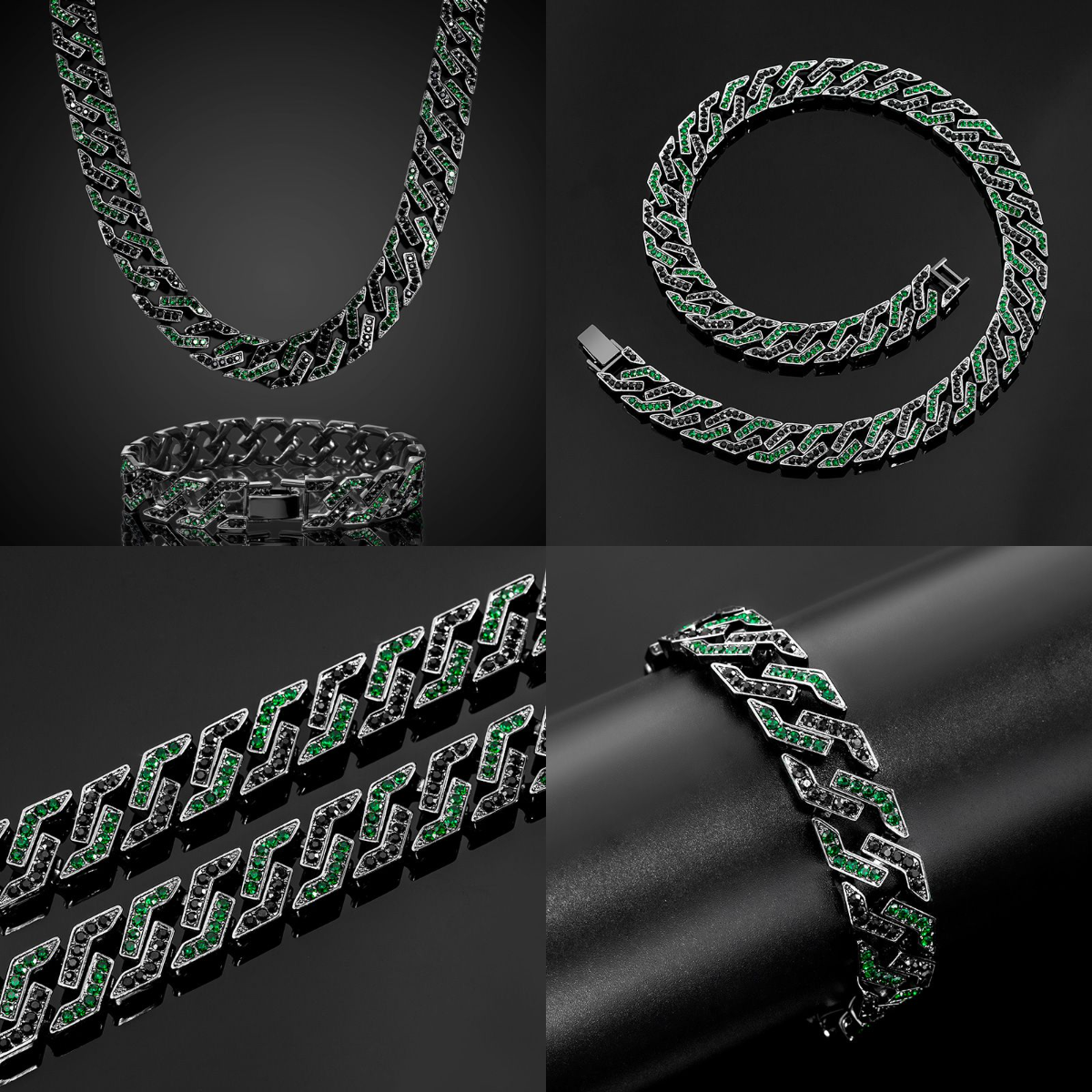 HIPHOPJEW 11mm Emerald & Black Stones Cuban Set in Black Gold.