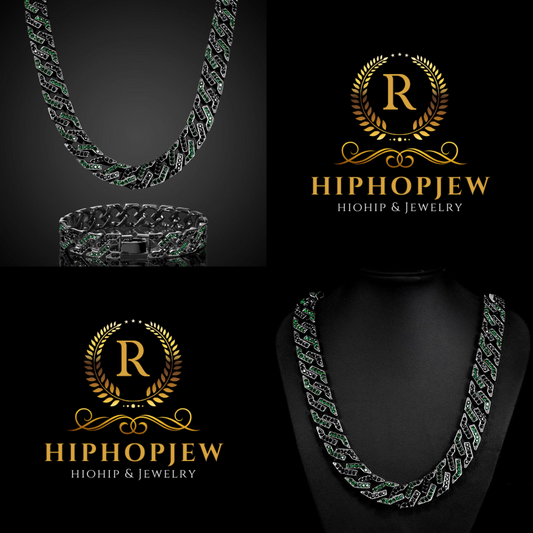 HIPHOPJEW 11mm Emerald & Black Stones Cuban Set in Black Gold.