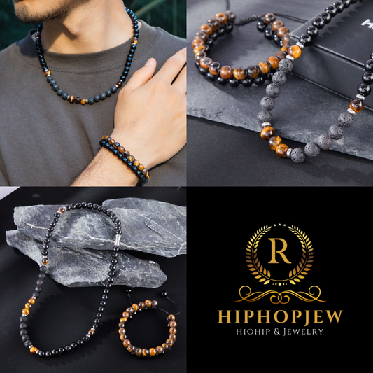 HIPHOPJEW Tiger Eye Stones Black Obsidian Double Layered Bracelet & Chain Set
