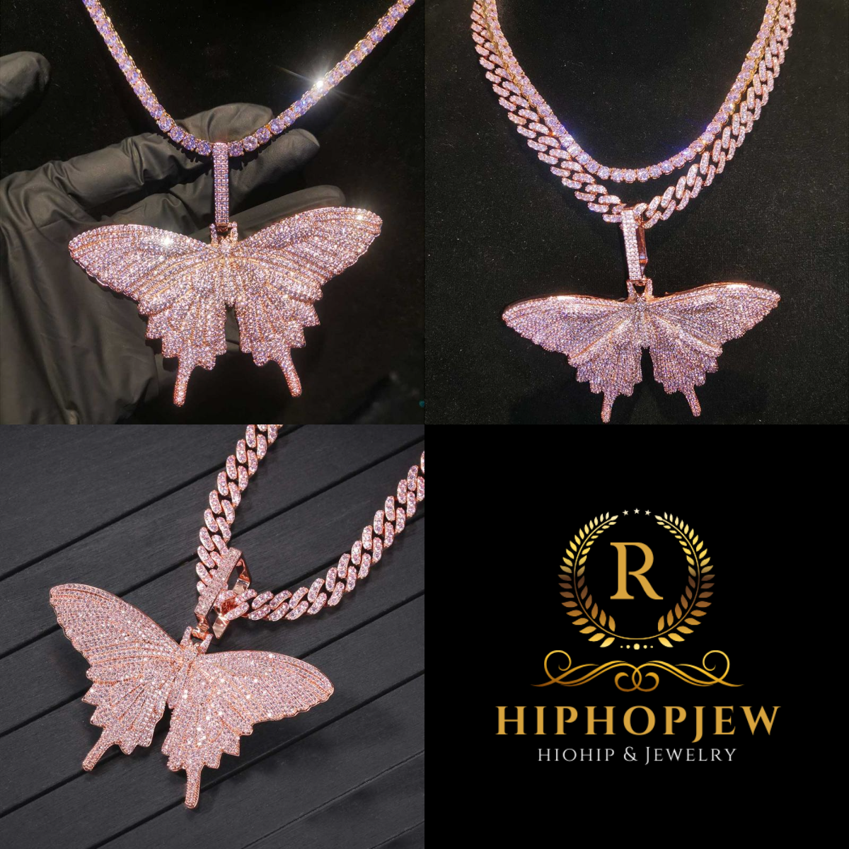 HIPHOPJEW Pink Butterfly Pendant with 4mm 20" Tennis Chain Set