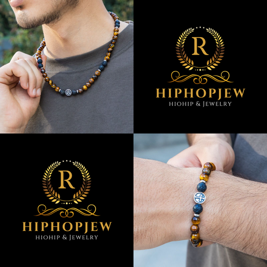 HIPHOPJEW Tiger Eye Stone Adjustable Bracelet & Necklace Set 8mm.