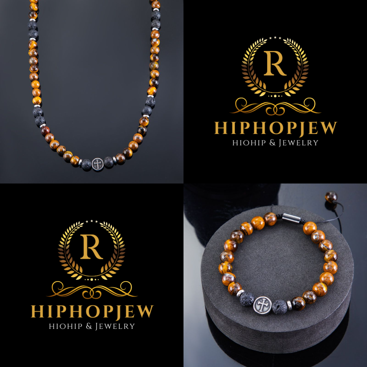 HIPHOPJEW Tiger Eye Stone Adjustable Bracelet & Necklace Set 8mm.