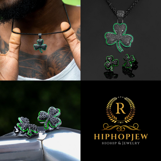 HIPHOPJEW Iced Emerald & Black Stones Three Leaves Pendant+Enamel Three Leaves Earrings Set.