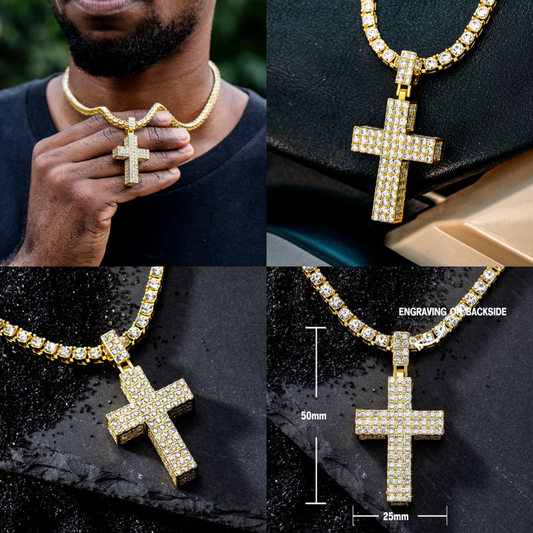 HIPHOPJEW Iced Thick Cross Pendant with Tennis Chain Set in Gold