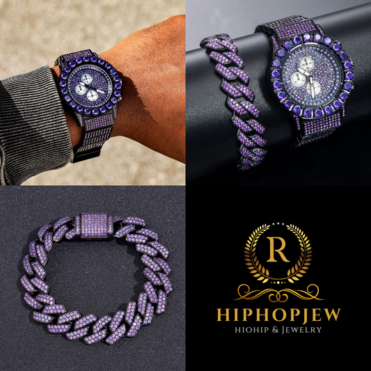 HIPHOPJEW Purple Round Cut Luminous Men's Watch+15mm Cuban Bracelet Set in Black Gold.