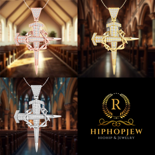HIPHOPJEW Iced Crown Of Thorns Nail Cross Pendant in Gold FREE Chain Included