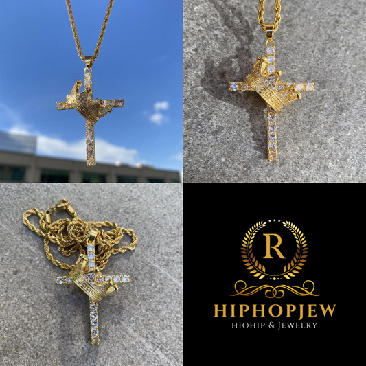 HIPHOPJEW Diamond Cross King Crown Pendant in Gold