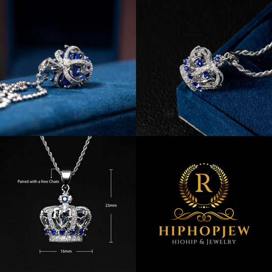 HIPHOPJEW Sapphire Crown Pendant in White Gold.