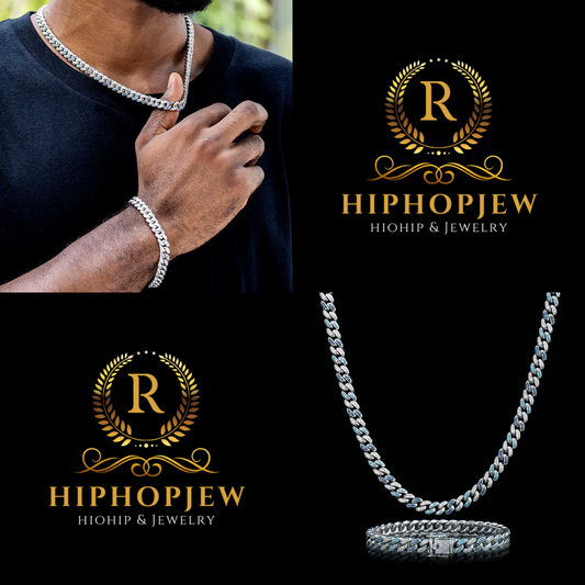 HIPHOPJEW Iced 8mm Gradient Blue Cuban Chain and Bracelet Set in White Gold.