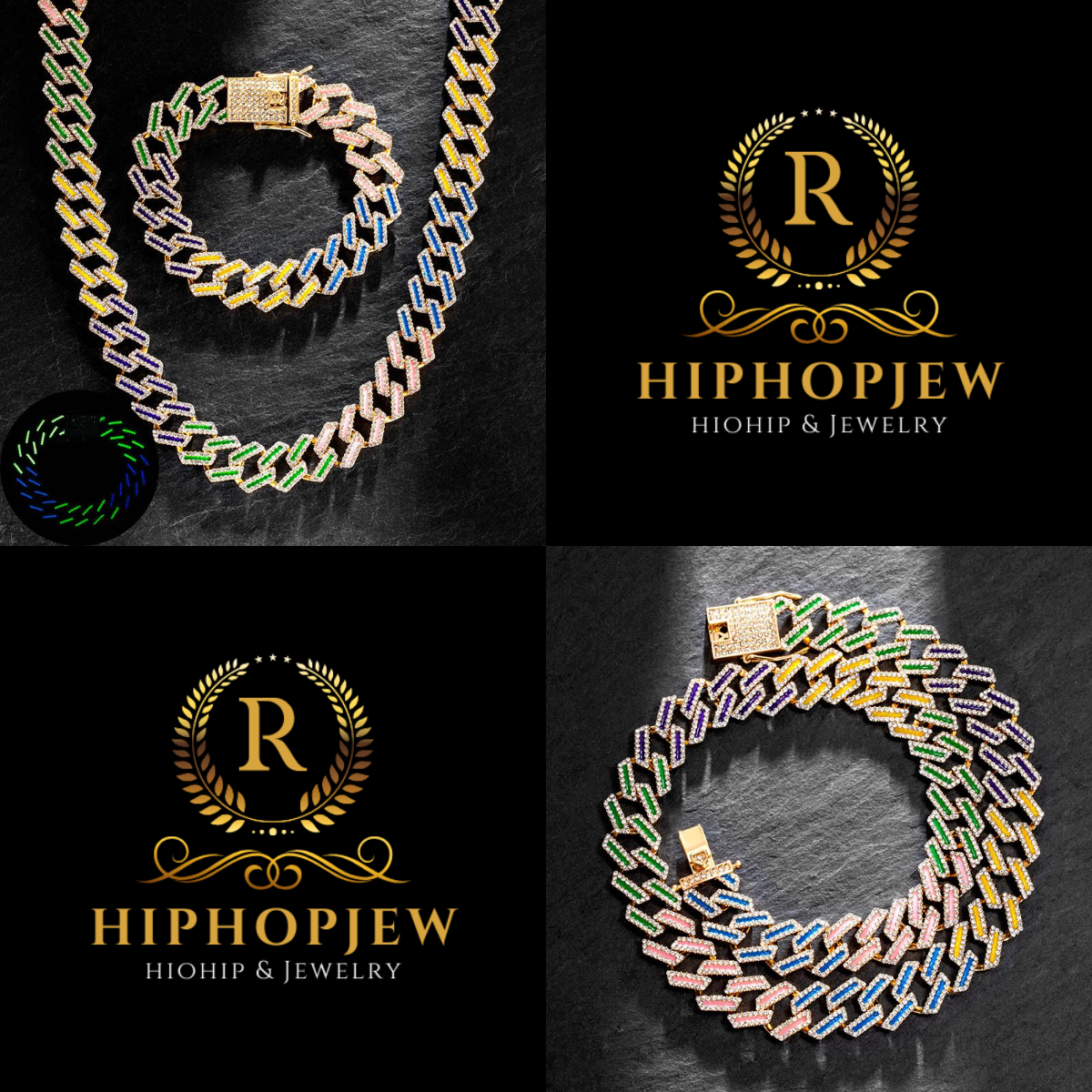 HIPHOPJEW 15mm Iced Glow in the Dark Multi-Color Enamel Miami Cuban Chain and Bracelet Set