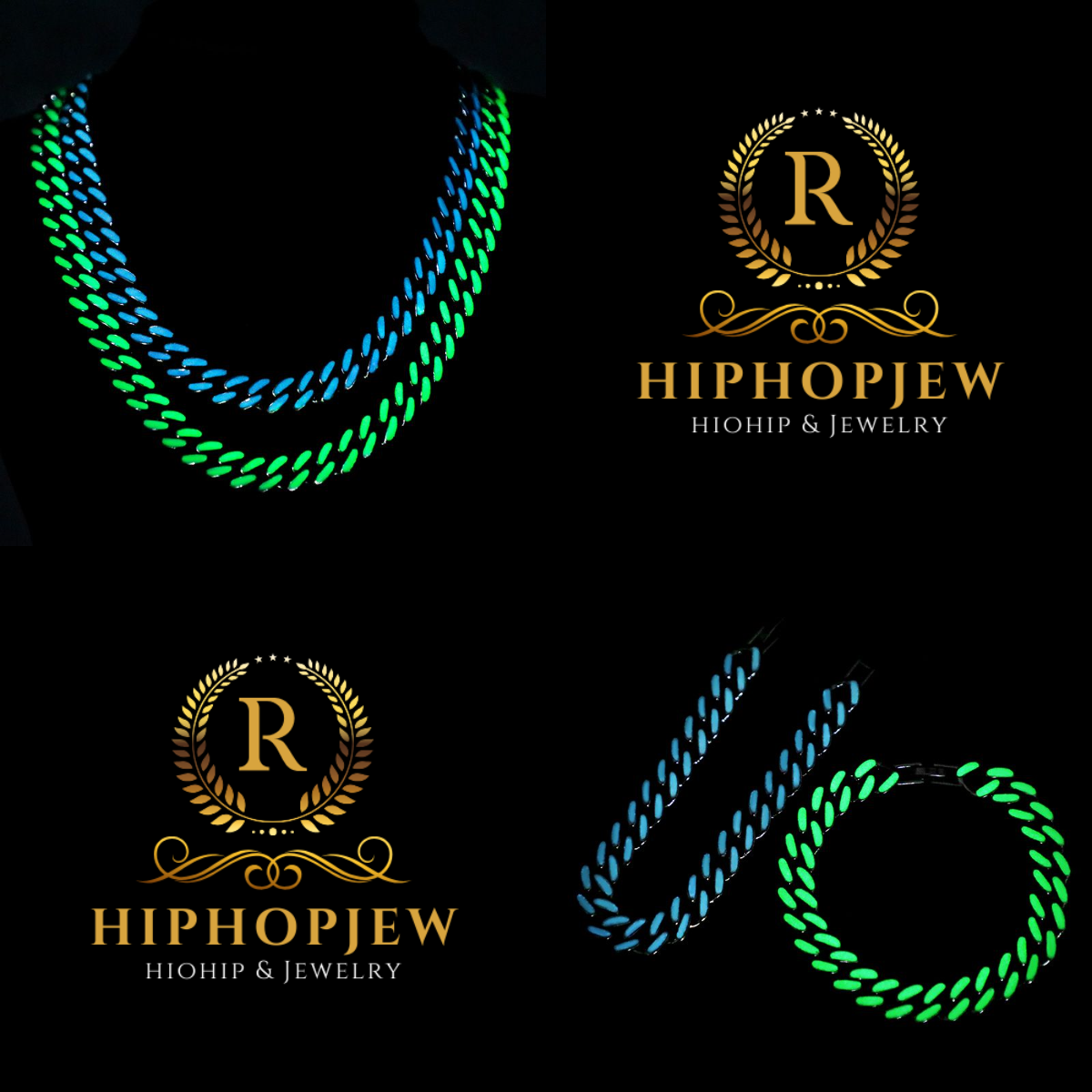 HIPHOPJEW Glow in the Dark Green/Blue Enamel Miami Cuban Chain and Bracelet Setcelet