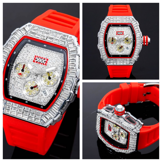 HIPHOPJEW Baguette Cut Men's Watch with Red Silicone Strap