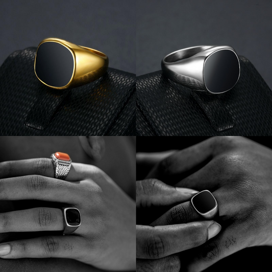 HIPHOPJEW Black Square Signet Titanium Steel Ring in White Gold