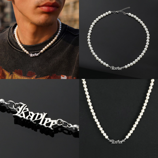 HIPHOPJEW Custom Old English Name Necklace with 8mm Pearl Chain