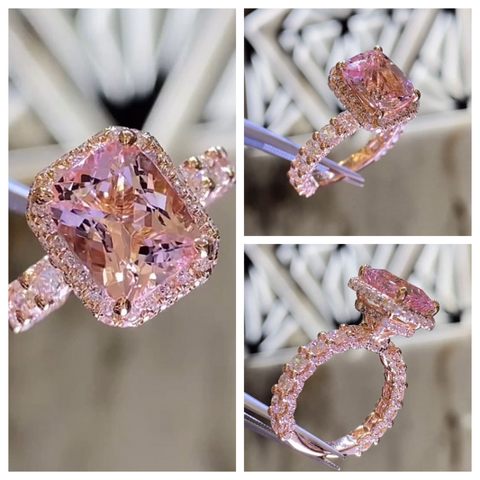 HIPHOPJEW Dazzling Morganite Halo Cushion Cut Engagement Ring in 18K Rose Gold Plated