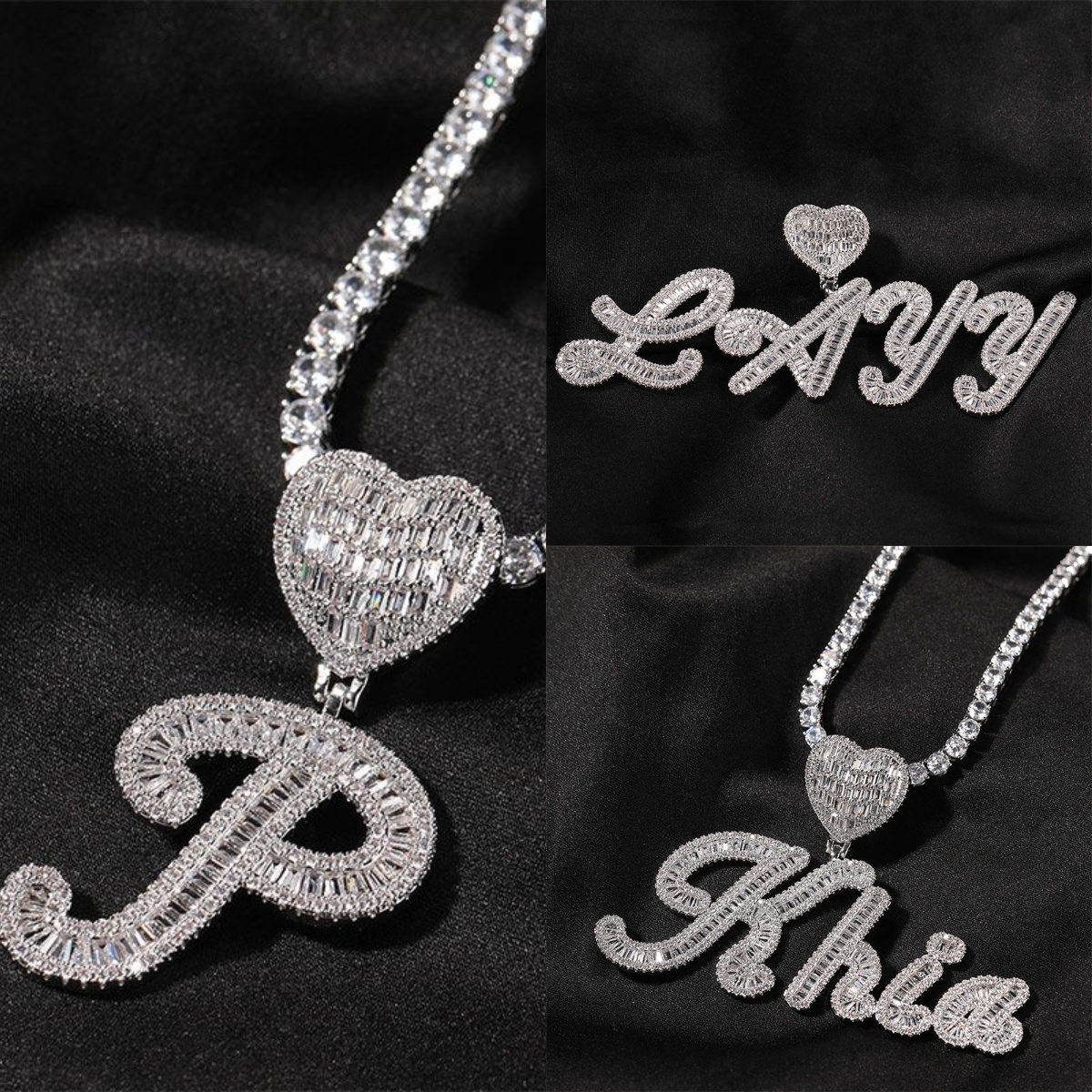 HIPHOPJEW Iced Heart Custom Cursive Name Baguette Pendant