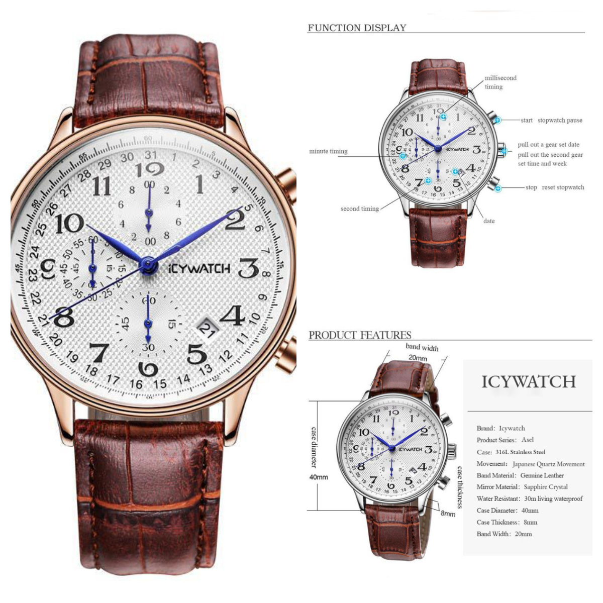 HIPHOPJEW Multifunctional Business Casual Leather Quartz Watch.