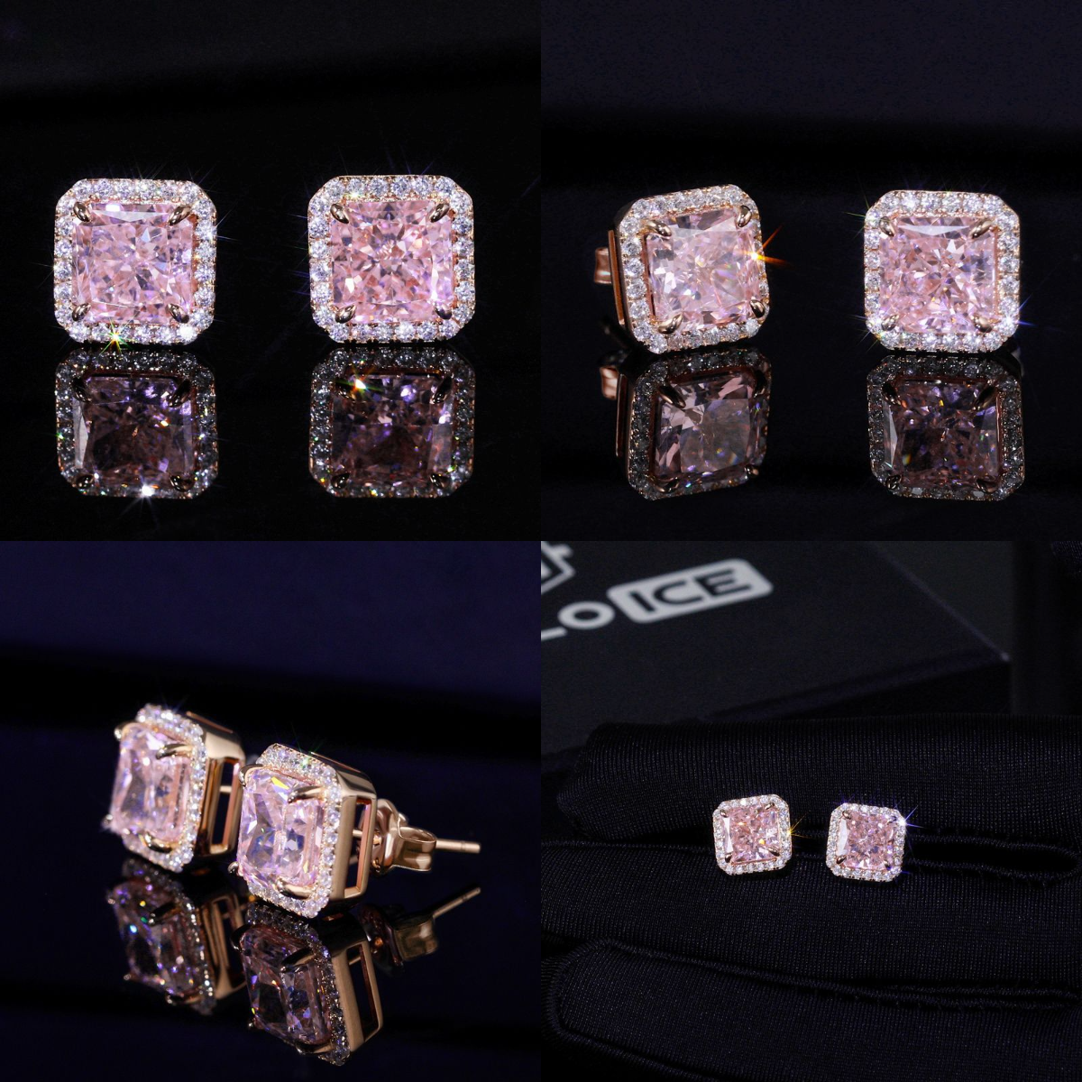 HIPHOPJEW Pink Radiant Cut Halo S925 Silver Earrings