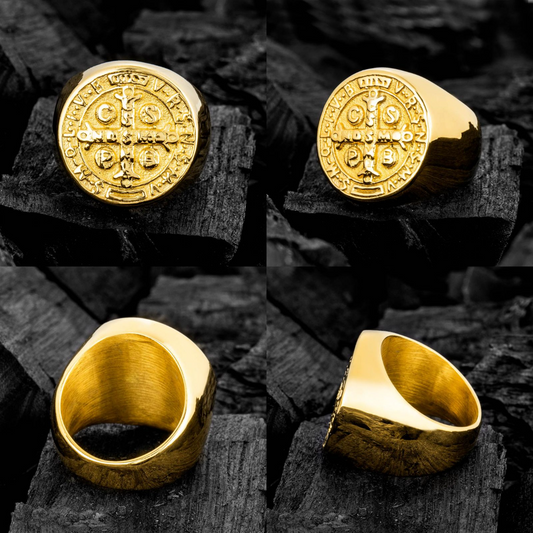 HIPHOPJEW ST. Benedict Stainless Steel Ring in Gold