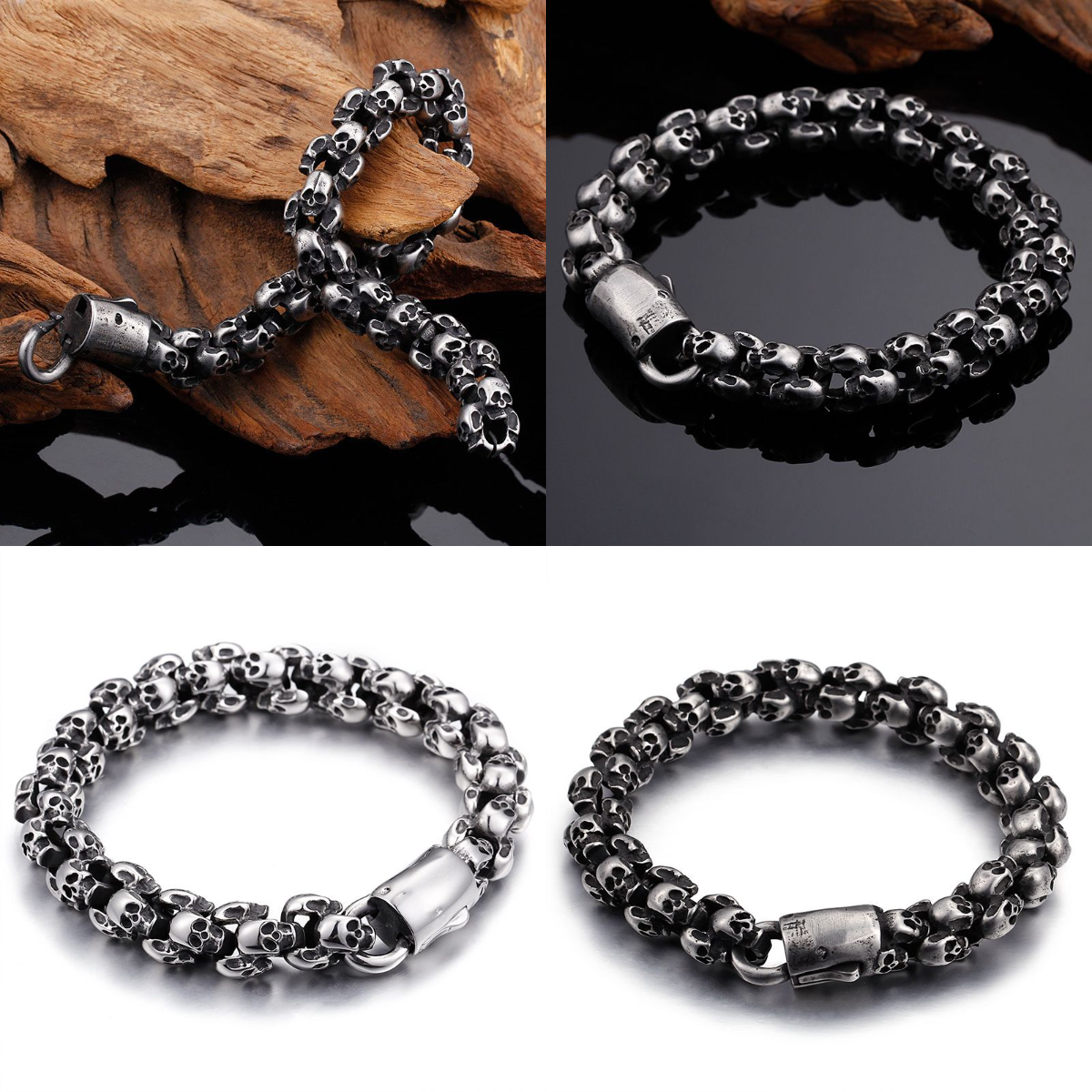 HIPHOPJEW Vintage Black Titanium Steel Clustered Skull Bracelet