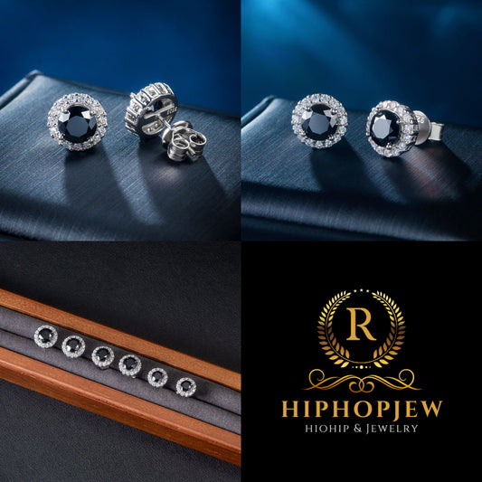 HIPHOPJEW Round Black Halo Moissanite Earrings in S925 Sterling Silver.