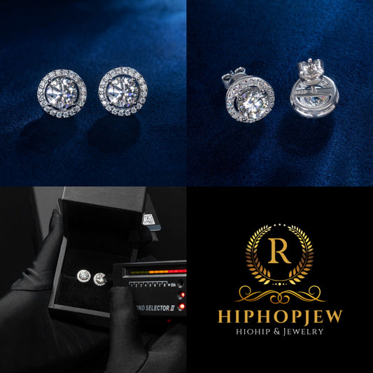 HIPHOPJEW 1Ct Moissanite Round Halo Stud Earrings in S925 Sterling Silver.