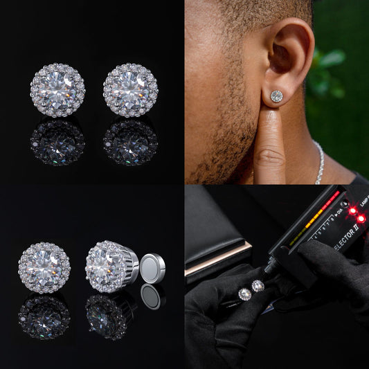 HIPHOPJEW Moissanite Round Cut Magnetic Non-Piercing Stud Earrings in S925 Sterling Silver.