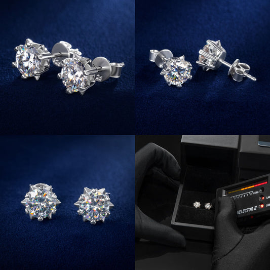 HIPHOPJEW 1Ct Moissanite Round Cut Snowflake Earrings in S925 Sterling Silver.
