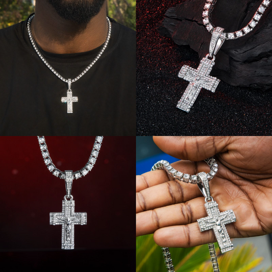 HIPHOPJEW Iced Crucifix Cross Pendant with Tennis Chain Set in White Gold.