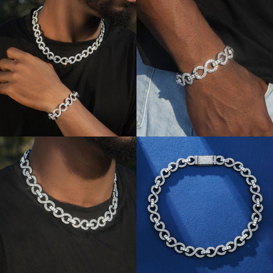 HIPHOPJEW 16mm Iced Infinity Link Chain & Bracelet Set in Black Gold.