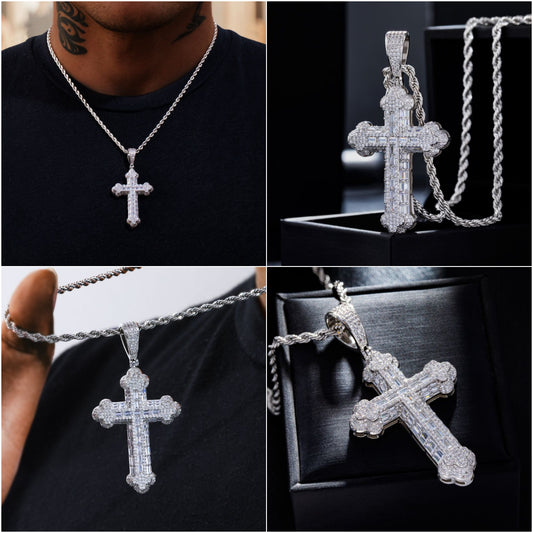 HIPHOPJEW Micro Pave Baguette Cross Pendant in White Gold