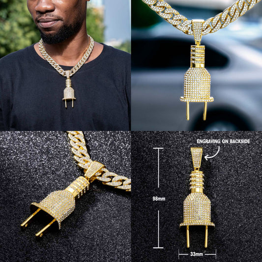 Iced Plug Pendant with Iced Cuban Chain Set in Gold.