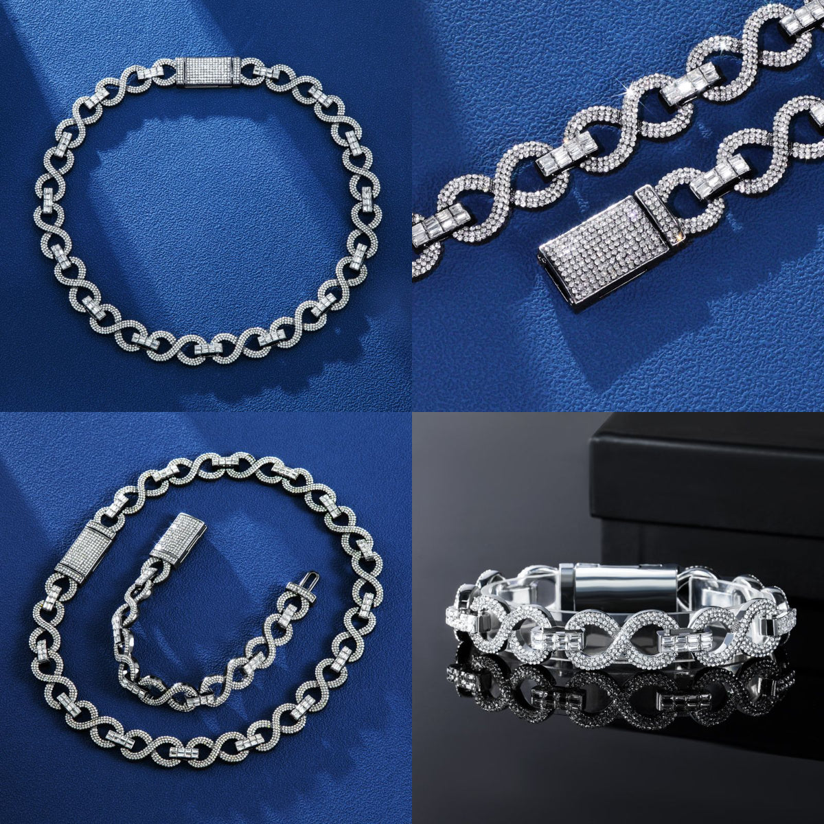 HIPHOPJEW 16mm Iced Infinity Link Chain & Bracelet Set in Black Gold.