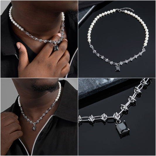 HIPHOPJEW Pearl & Black Emerald Cut Stainless Steel Knot Chain.