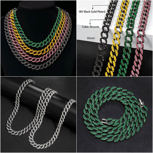 HIPHOPJEW 11mm Iced Curb Emerald/Yellow/Purple/Black Cuban Chain in Black Gold.