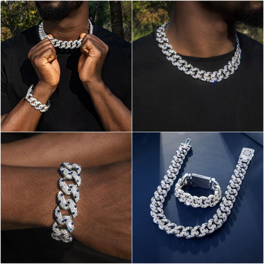 HIPHOPJEW 20mm Sapphire Spot Cuban Link Chain & Bracelet Set in White Gold.