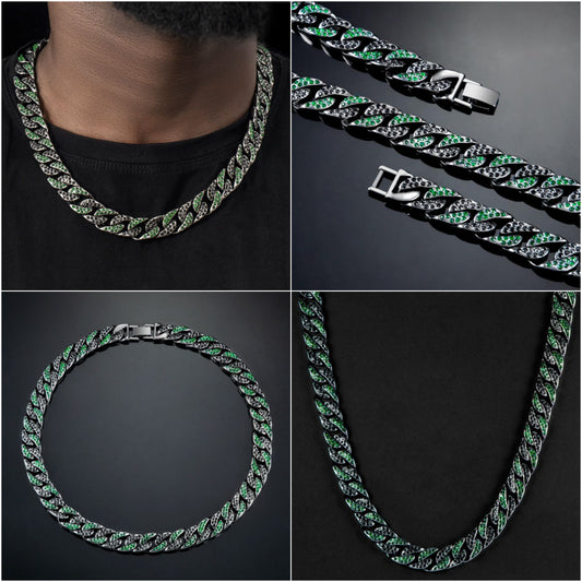 HIPHOPJEW Iced 13mm Emerald & Black Cuban Chain in Black Gold.